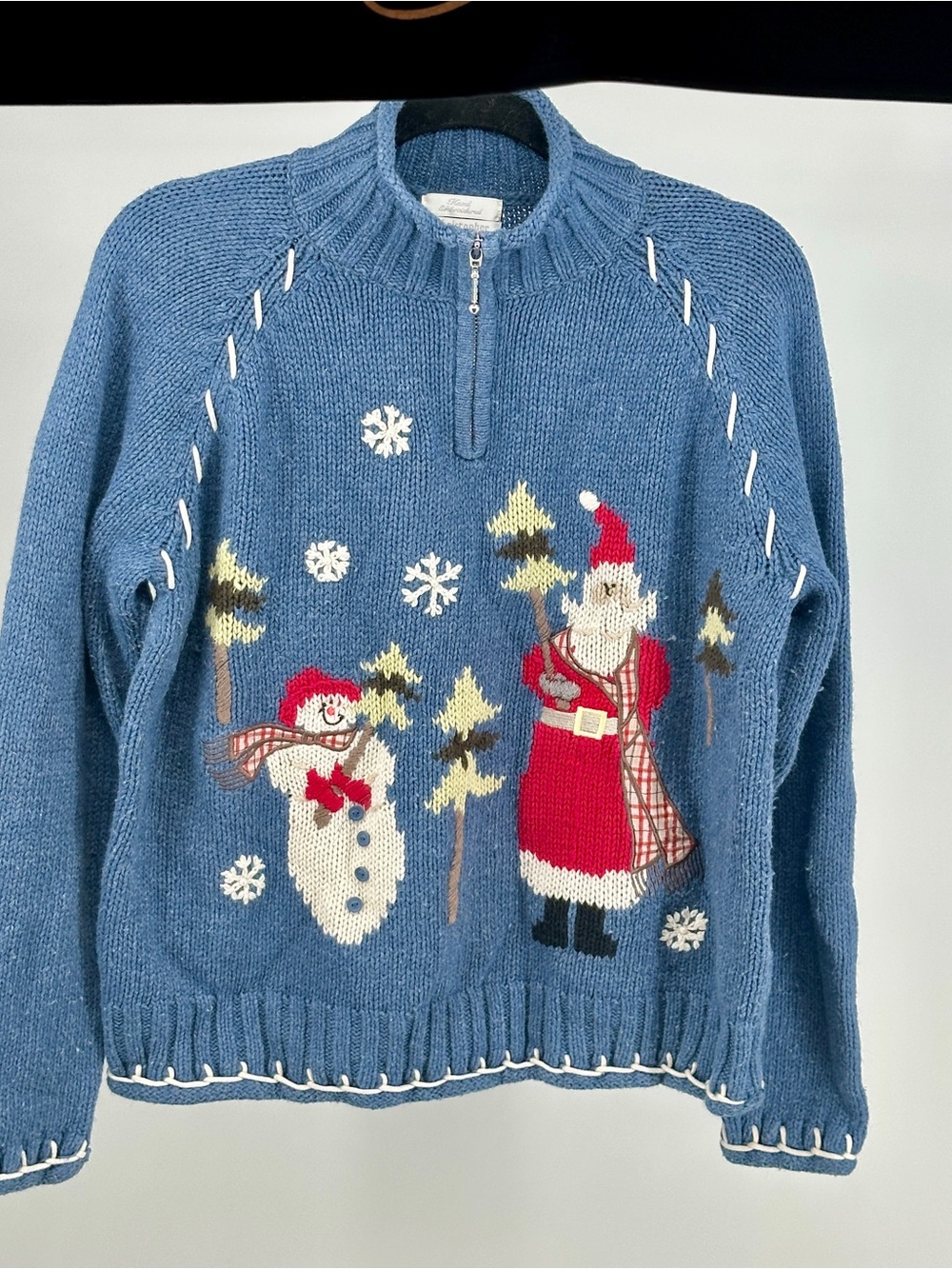Christopher & Banks Blue Christmas Quarter-Zip Sweater Santa Snowman
